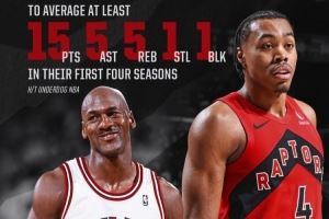 历史唯二！猛龙官方：巴恩斯生涯前4季场均15+5+5+1+1 比肩乔丹